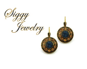 Austrian Daisy Earrings, Blue and Topaz, Victorian Style, Pave Cluster, Multi-Stone, Drop Lever-Backs, Antique Brass or Pick Your Finish