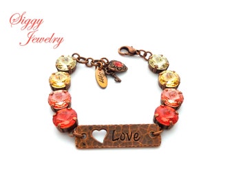 Summer Lovin' Austrian Crystal Bracelet, 12mm Rivoli, Light Peach, Padparadscha, Summer Colors, Love Heart, Assorted Finishes, Boho Chic