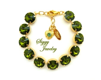 Olivine Rivoli Tennis Bracelet made with Genuine 12mm Austrian Crystals, Olive Green Stacking Bracelet, Cute Charms, Assorted Finishes