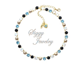 NEBULA GLOW 8mm Tennis Necklace made with Genuine Austrian Crystals in Jet, Moonlight, Aquamarine and Bronze Pearls, Assorted Finishes