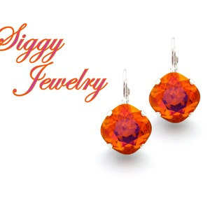 Austrian Crystal Earrings, Astral Pink, 12mm Cushion Cut, Warm Pink With Hints of Orange and Fuchsia , Drops or Studs, Assorted Finishes