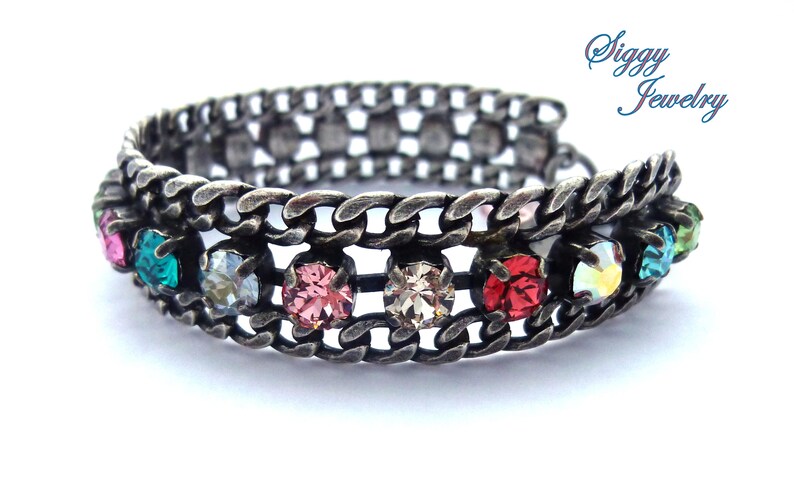 Austrian Crystal Tennis Bracelet, Colorful, Multi-Colored Rainbow, Thick Antique Silver Link Chain, Stacking Bracelet, Goes With Everything image 3