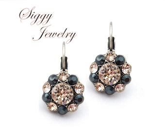 Vintage Style Brilliant Genuine Austrian Crystal Drop Earrings, Cluster Daisy Flower, Jet and Silk, Multi-Stone, Black, Light Pink