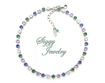 Twilight Serenade Tennis Necklace made with 6mm Austrian Crystals in Erinite, Violet, Tanzanite, Clear, Assorted Finishes, Gift Packaged