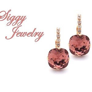 Blush Rose Austrian Crystal Earrings, 12mm Cushion Cut, Blush Pink with Clear Accents, Assorted Finishes, Bridesmaids Gift, Gift Packaged