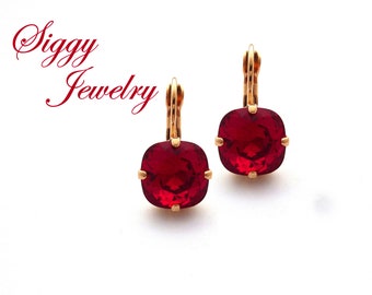 Boucles d'oreilles en cristal autrichien, rouge du Siam, coussin 10 mm, rouge profond et riche, pendants ou clous, finitions assorties, bijoux de mariage, emballage cadeau