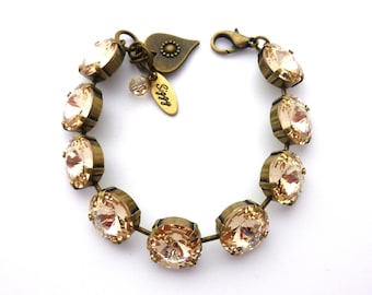 Austrian Crystal Chunky Tennis Bracelet, 14mm Rivoli, Silk, Champagne, Antique Brass or Antique Silver Finish, Siggy Jewelry, FREE SHIPPING