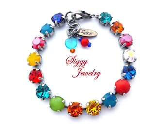 Colorful Brilliant Austrian Crystal Tennis Bracelet, 8mm Vivid Primary Summer Colors, TOUCAN TANGO, Assorted Finishes, Gift Packaged