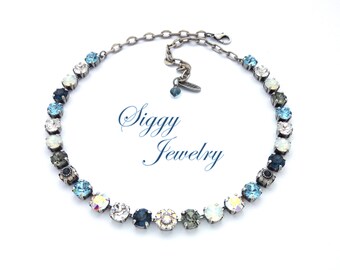 Austrian Crystal Necklace, 8mm Denim Blue, Aqua, White Opal, Black Diamond, Crystal AB, Flower Elements, Moon River, Assorted Finishes