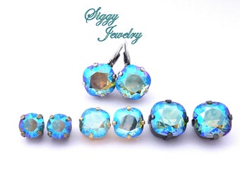 Genuine Austrian Crystal Erinite Shimmer Earrings, Studs or Drops, Various Sizes and Finishes, Cushion Cut or Round, Gift Packaged