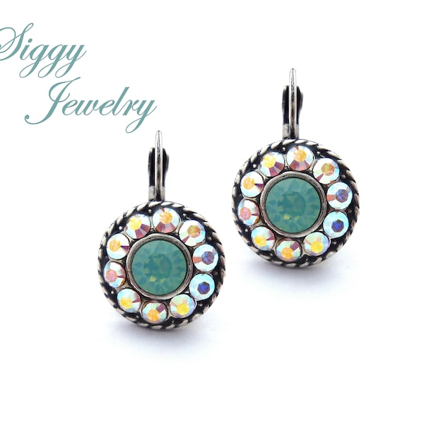 Victorian Style Rivoli Earrings Made with Genuine Austrian Crystal in Pacific Opal with AB Halo, Drop Lever Back Closure, Assorted Finishes