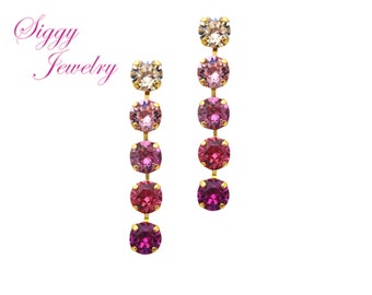 Austrian Crystal Statement Earrings, 5 Stone Long Dangle, Rose Pink Ombré Design, Multi Stone 8mm Drops, Assorted Finishes, Gift Packaged