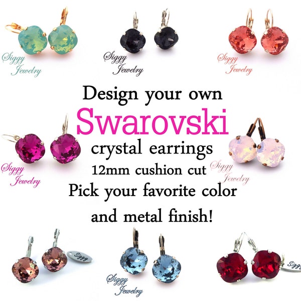 Genuine Austrian Crystal Drop Earrings, Assorted Colors, 12mm Cushion Cut Diamond Shape, Pick Your Color And Finish, Gift Packaged