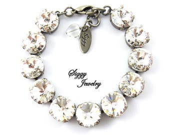 Austrian Crystal Chunky Tennis Bracelet, 12mm Clear Crystal, Round Rivoli, Sparkly, Simple and Elegant, Assorted Finishes, Gift Packaged