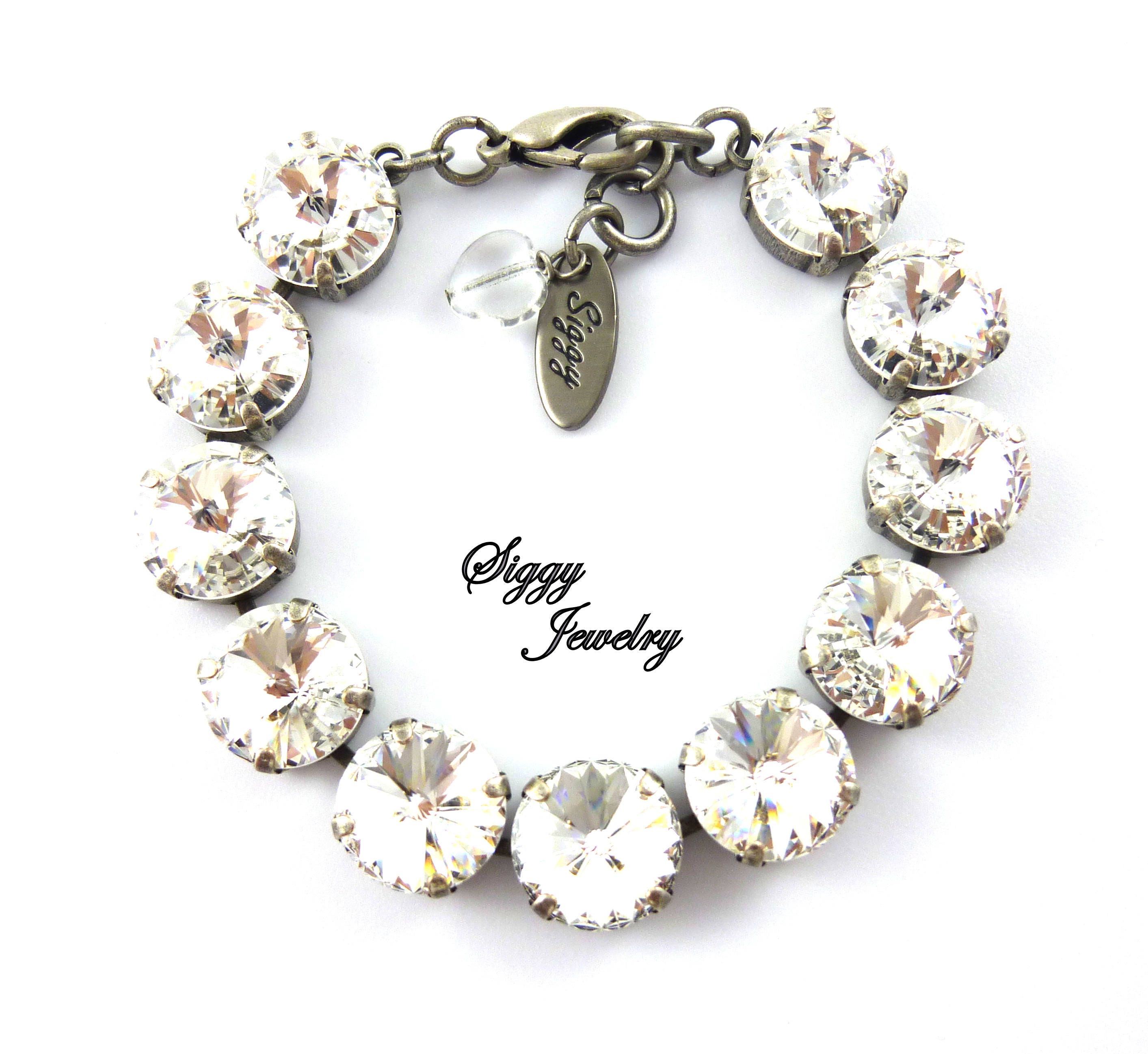 Austrian Crystal Chunky Tennis Bracelet, 12mm Clear Crystal, Round Rivoli, Sparkly, Simple and Elegant, Assorted Finishes, Gift Packaged