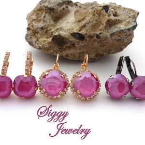 Peony Pink Austrian Crystal Earrings, 12mm Cushion Cut, Select Your Style And Finish, Hot Pink, Bridesmaids Earrings, Drop Lever Backs