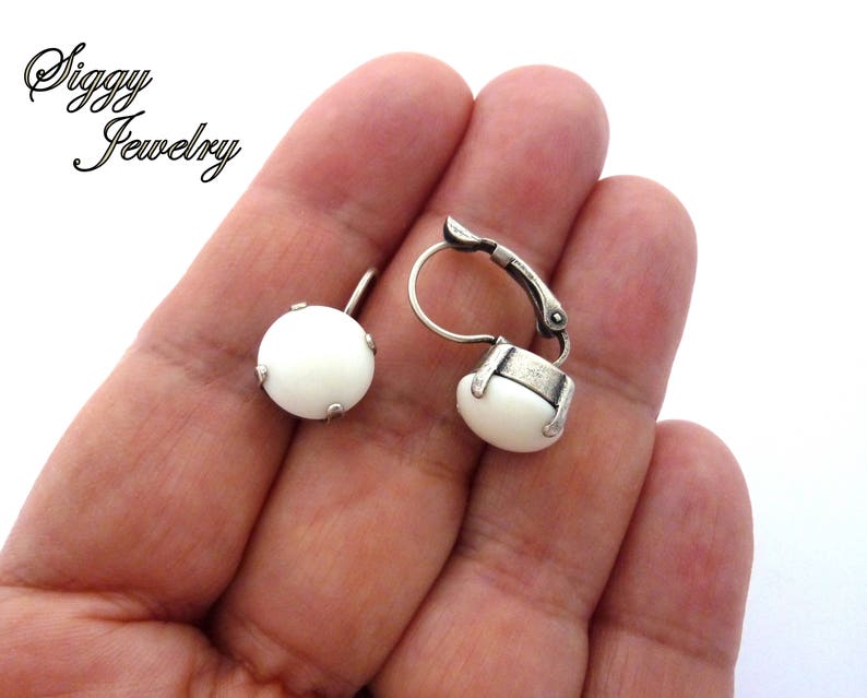 Ivory Cabochon Drop Lever Back Earrings, 11mm White Round, Antique Silver or Pick Your Finish, Prong Setting, Free Shipping image 6