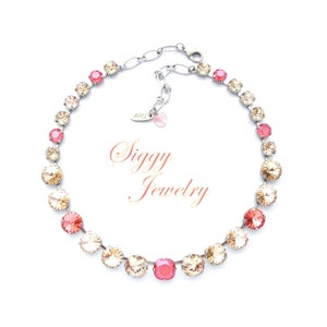 Austrian Crystal Statement Necklace, 12mm Cushion Cut, 12mm Rivoli, 8mm Round, Silk and Coral Summer Colors, Full Length, PEACH SANGRIA