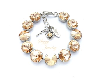 Austrian Crystal Bracelet, Necklace, Earrings or 3 Piece Set, 12mm CHAMPAGNE Rivoli, Silk and Golden Shadow, Neutral, Assorted Finishes