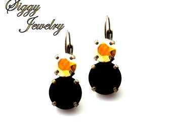 Boucles d’oreilles autrichiennes Crystal Drop, Jet 12 mm, Soleil métallique doré 8 mm, Bijoux Game Day, Couleurs Pittsburgh Steelers, Finitions assorties