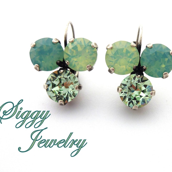 Triple Stone Drop Earrings made with Genuine Austrian Crystals, Mint Opals, Seafoam Green Inverted Triangle, Antique Silver Finish