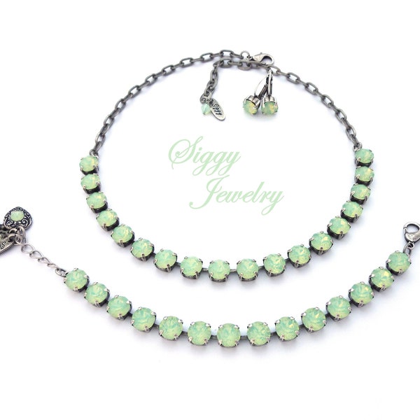 Austrian Crystal Necklace, Bracelet, Earrings, 8mm Mint Green Opals, Chrysolite, Sold as 3 Piece Set or Individually, Assorted Finishes