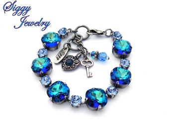 Austrian Crystal Bracelet, 12mm Bermuda Blue, Cushion Cut, 6mm  Light Sapphire, Round, Assorted Finishes, GLAMAZING Blues or Custom Colors