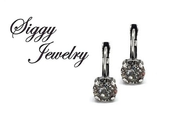 Black Patina Austrian Crystal Earrings, Speckled Black, 8mm Drop Lever Back or Studs, Assorted Finishes, Chic, Vintage Style, Gift Packaged