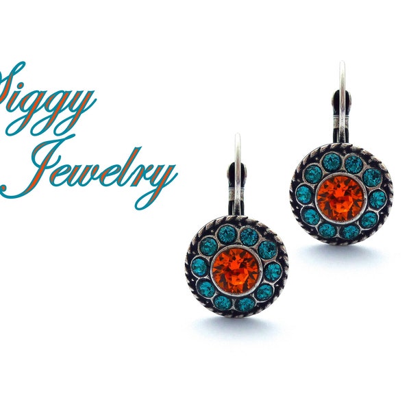 Austrian Crystal Earrings, Tangerine Orange and Teal Zircon, Halo, Flower Cluster Earrings, Multi Stone, Assorted Finishes, Gift Packaged