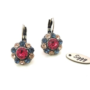 Victorian style, Daisy Flower Brilliant Austrian crystal earrings, hot pink, denim blue and silk, multi-stone, Siggy crystal earrings
