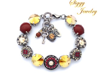 Austrian Crystal Bracelet, Ornately Embellished, 12mm Rivoli Red Coral, Gold, Golden Shadow, Metallic Sunshine, SILK ROAD, Victorian Style