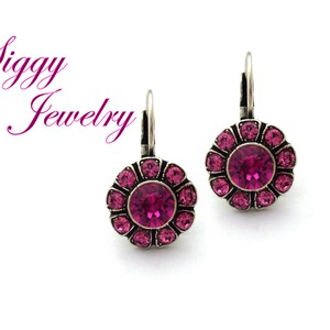 Austrian Crystal Flower Earrings, Fuchsia Centers with Rose Petals, Pink Daisy Earrings, Drops Levers Backs, Assorted Finishes Siggy Jewelry