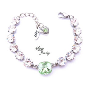 Austrian Genuine Austrian Crystal Tennis Bracelet, 12mm Cushion Cut Chrysolite Center, Mint Pale Green , 8mm Clear Sides, Select A Finish