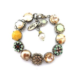 Austrian Crystal Tennis Bracelet, 12mm Neutrals, Yellow, Mint Green, Silk, Opals, Pearls, Flower Embellished, Silver Tone, MAGNOLIA