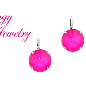 Electric Neon Pink Mega Sized Crystal Statement Earrings, Hot Pink 18mm Rivoli Solitaire, Extra Large, Studs Or Drops, Assorted Finishes
