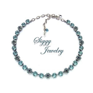 Austrian Crystal Necklace, 8mm Indian Sapphire with Dainty Flower Embellishments, Dusty Denim Blue Green, Bridal, Assorted Finishes