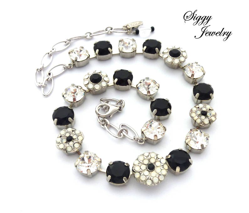 Swarovksi Crystal And Black Chaton Statement Necklace, Flower Embellished, 11mm 47ss, Rhodium Finish, Checkerboard Sparkle, Gift Packaged image 5