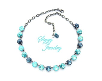 Aquamarijn Oostenrijkse kristal rivoli-ketting: tropische blauwe mix, antiek zilver, bora bora, Siggy-sieraden