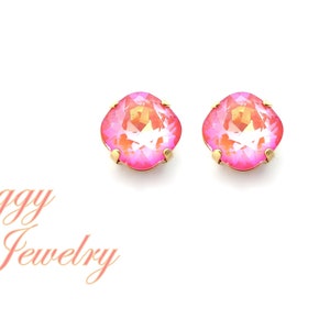 Austrian Crystal Earrings, Ultra Coral Reef, 10mm Cushion Cut, Studs or Drops, Iridescent Salmon Pink, Assorted Finishes, Gift Packaged