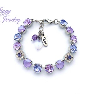 Austrian Crystal Violet Purple Tennis Bracelet, Lilac Lavender With White Opal Flowers, Gift Packaged, Mirabella, Assorted Finishes