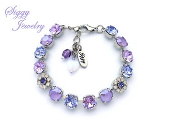 Austrian Crystal Violet Purple Tennis Bracelet, Lilac Lavender With White Opal Flowers, Gift Packaged, Mirabella, Assorted Finishes