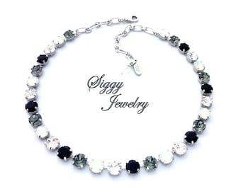 LONDEN GLITZ, Oostenrijkse kristallen ketting 8 mm, zwart-wit, chic, stijlvol, kristallen sieraden, zwarte stropdas, elegante bruiloft, cadeau verpakt