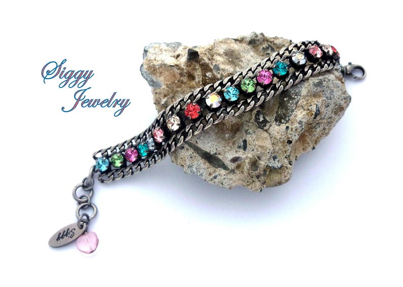 Austrian Crystal Tennis Bracelet, Colorful, Multi-Colored Rainbow, Thick Antique Silver Link Chain, Stacking Bracelet, Goes With Everything image 6