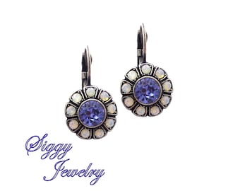 Austrian Crystal Daisy Flower Earrings, Purple, White Opal Petals, Tanzanite, Violet, Amethyst, Cluster Lever-Back Drops, Assorted Finishes