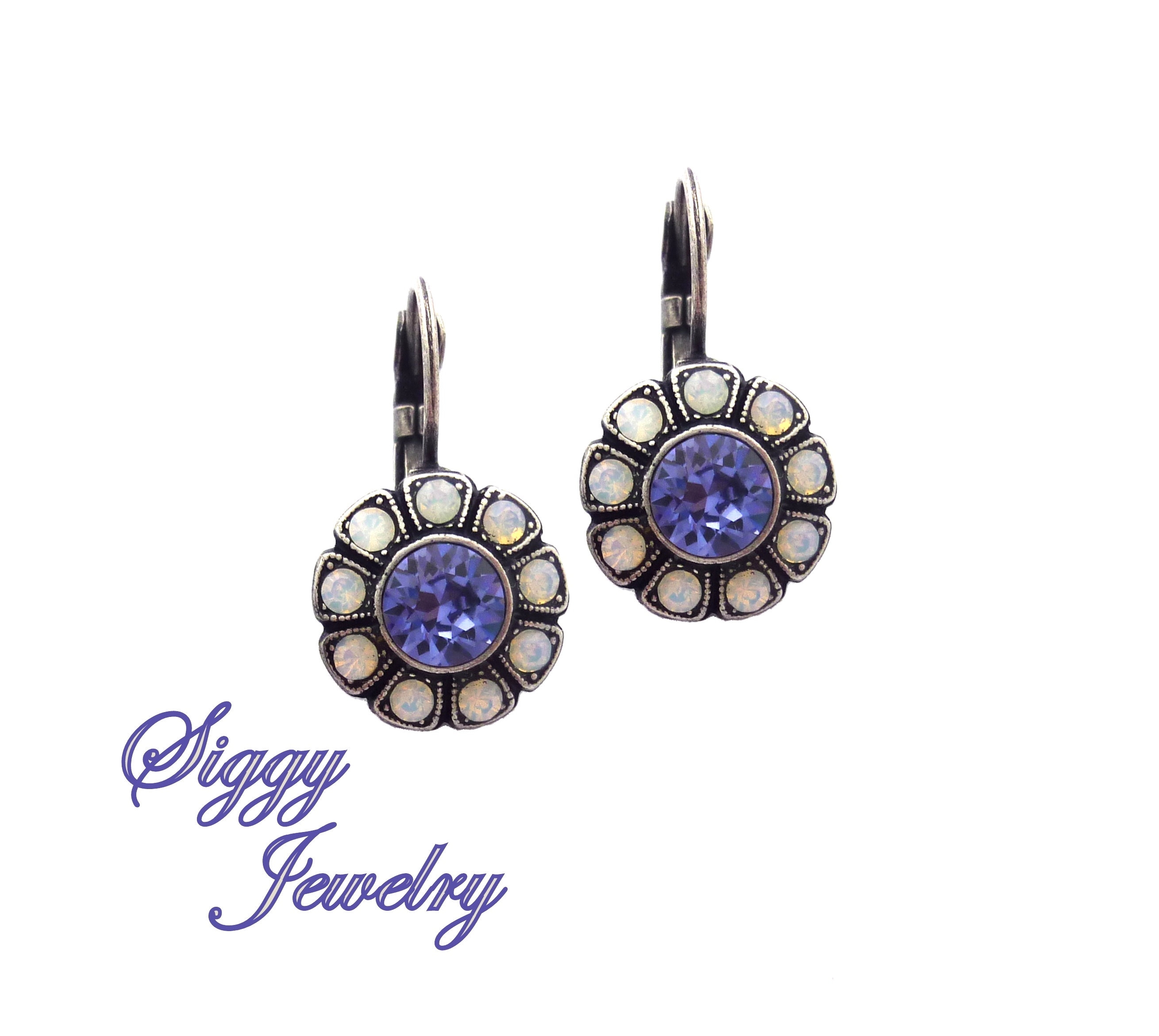 Swarovski Crystal Daisy Flower Earrings Purple White Opal Etsy