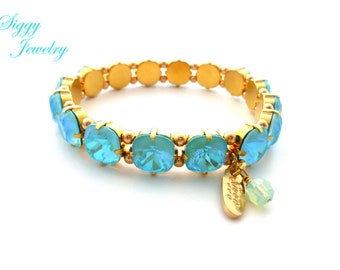 Sun Kissed Aqua Stretch Bracelet, Made with 10mm Premium Crystals, Gold or Rhodium Finish, Perfect for Summer, Optional Add-On Earrings