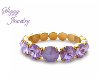 LILAC LUSTER 12mm Rivoli Stretch Bracelet Made with Genuine Austrian Crystals in Purple Hues, Assorted Finishes, Siggy Jewelry