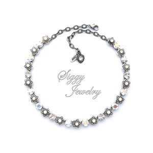 Austrian Crystal Necklace, 8mm Metallic Silver, Shimmering AB, White Opal Flower Embellishments, Silver Lining Collection, Gift Packaged