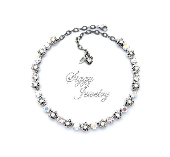 Austrian Crystal Necklace, Metallic Silver & White Opal Flowers
