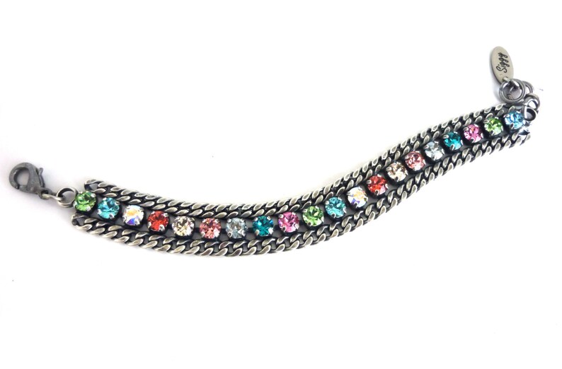 Austrian Crystal Tennis Bracelet, Colorful, Multi-Colored Rainbow, Thick Antique Silver Link Chain, Stacking Bracelet, Goes With Everything image 2